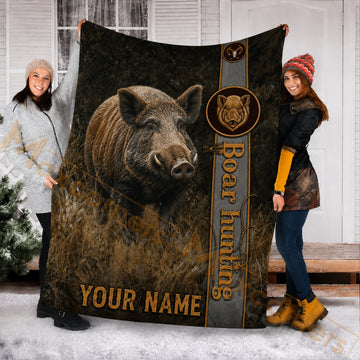 Maxcorners Hunting Wild Boar Tusker Dark Brown Grassland Custom Name 3D Blanket