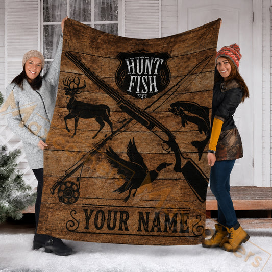 Maxcorners Hunting Brown Wooden Vintage Hunt Fish Wildlife Silhouette Custom Name 3D Blanket