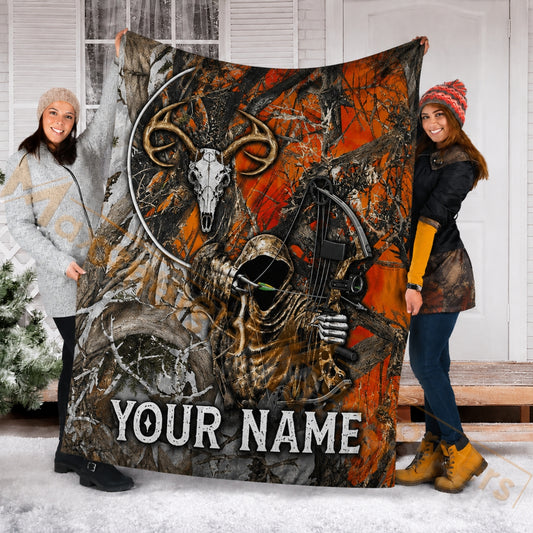 Maxcorners Hunting Orange Camo Grim Reaper Bowhunter Deer Skull Custom Name 3D Blanket