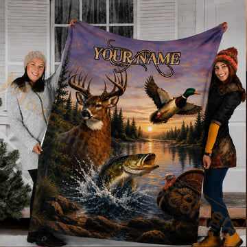 Maxcorners Hunting WildLife Lake Sunset Purple Sky Custom Name 3D Blanket