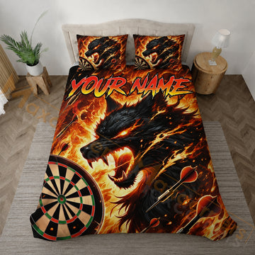 Maxcorners Darts Flaming Wolf Dartboard Personalized Your Name Bedding Set 3D All Over Printed