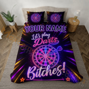 Maxcorners Darts Neon Purple Let’s Play Darts Personalized Your Name Bedding Set 3D All Over Printed