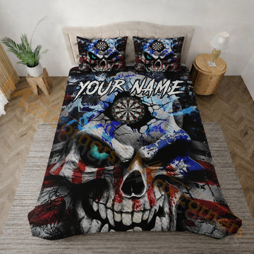 Maxcorners Darts Red Blue Black American Skull Bedding Set 3D All Over Printed