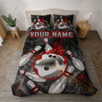 Maxcorners Red Flame Bowling Strike Smoky Black Personalized Name Unisex 3D Bedding Set