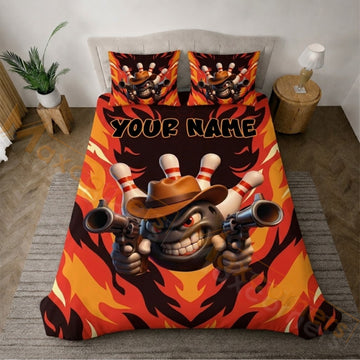 Maxcorners Cowboy Bowling Fire Flame Personalized Name Unisex 3D Bedding Set