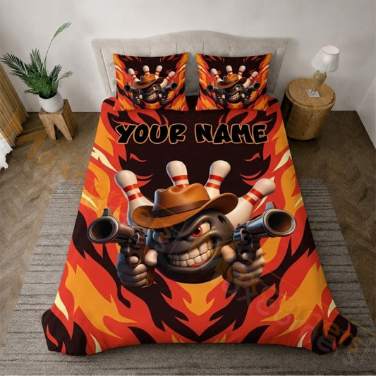 Maxcorners Cowboy Bowling Fire Flame Personalized Name Unisex 3D Bedding Set