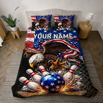 Maxcorners Patriotic Eagle American Flag Bowling Personalized Name Unisex 3D Bedding Set
