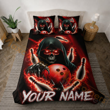 Maxcorners Skull Reaper Red Fire Bowling Personalized Name Unisex 3D Bedding Set