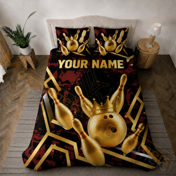 Maxcorners Bowling Black Red Gold Crown Strike Bedding Set 3D All Over Printed