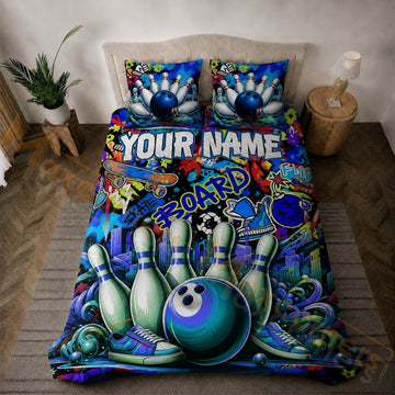 Maxcorners Bowling Colorful Graffiti Skateboard Strike Bedding Set 3D All Over Printed