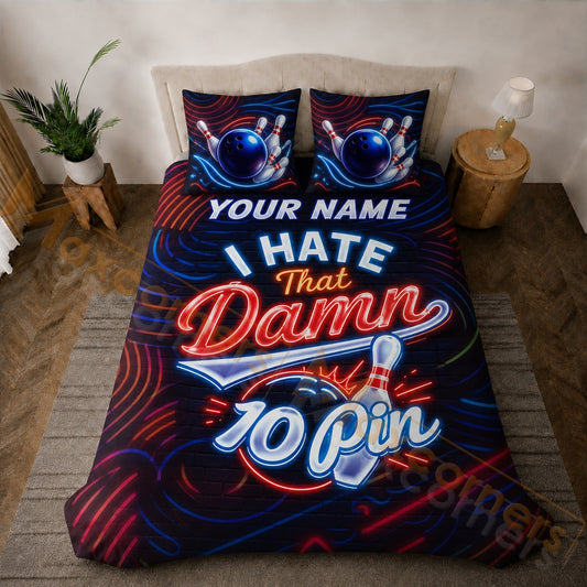 Maxcorners Bowling Red Blue Neon 10 Pin Strike Bedding Set 3D All Over Printed
