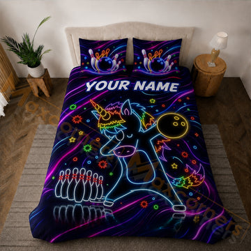 Maxcorners Bowling Neon Rainbow Unicorn Strike Bedding Set 3D All Over Printed