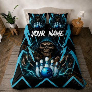 Maxcorners Bowling Black Blue Grim Reaper Skull Bedding Set 3D All Over Printed
