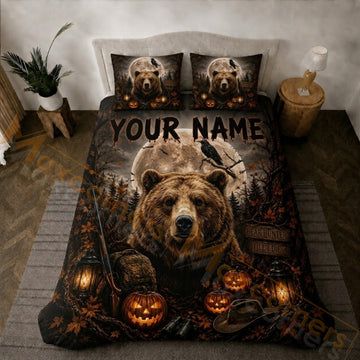 Maxcorners Hunting Halloween Bear Full Moon Pumpkin Bedding Set 3D Printed Custom Name