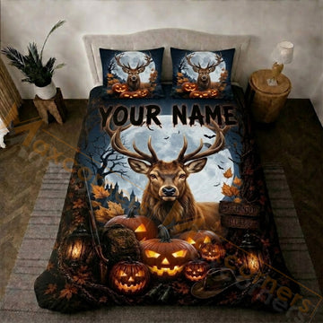 Maxcorners Hunting Halloween Deer Full Moon Pumpkin Forest Bedding Set 3D Printed Custom Name