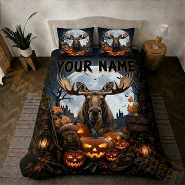 Maxcorners Hunting Halloween Moose Full Moon Pumpkin Forest Bedding Set 3D Printed Custom Name