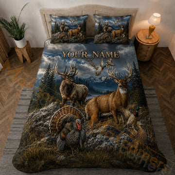 Maxcorners Hunting Blue Stormy Mountain Wildlife Bedding Set 3D Printed Custom Name
