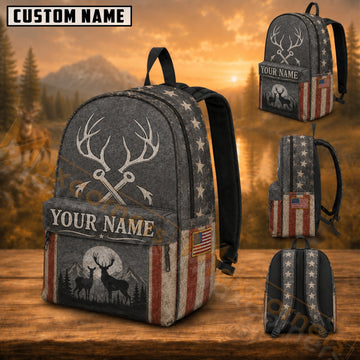Maxcorners Hunting Retro US Flag Deer Silhouette Mountain Moon Custom Name 3D Backpack