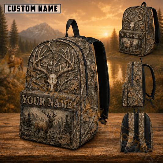 Maxcorners Hunting Elk Skull Vintage Forest Landscape Camo Custom Name 3D Backpack