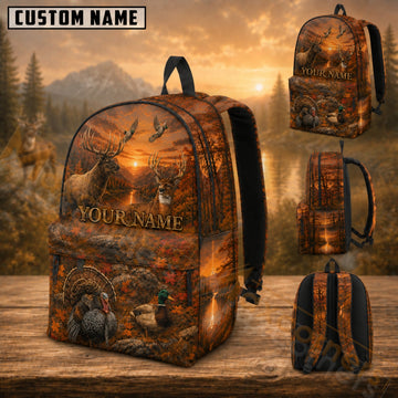 Maxcorners Hunting Fall Mountain River Wildlife Duck Turkey Buck Custom Name 3D Backpack