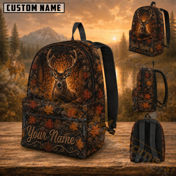 Maxcorners Hunting Fall Maple Leaves Deer Brown Forest Custom Name 3D Backpack