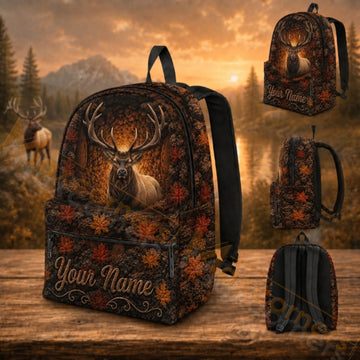 Maxcorners Hunting Fall Maple Leaves Elk Brown Forest Custom Name 3D Backpack
