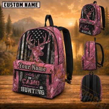 Maxcorners Hunting Pink Camouflage Deer American Flag Custom Name 3D Backpack