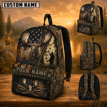 Maxcorners Hunting Wild Moose Bowhunting US Flag Woodland Camo Custom Name 3D Backpack