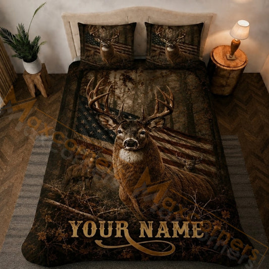 Maxcorners Hunting Rustic Deer American Flag Forest Bedding Set 3D Printed Custom Name