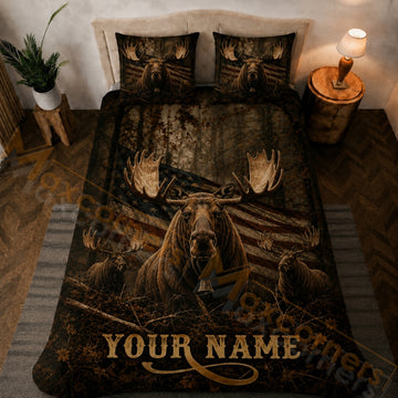 Maxcorners Hunting Rustic Moose American Flag Forest Bedding Set 3D Printed Custom Name