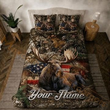 Maxcorners Hunting Rustic Moose American Flag Bedding Set 3D Printed Custom Name