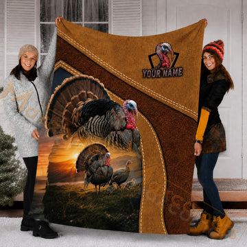 Maxcorners Hunting Turkey Family Brown Sunset Custom Name 3D Blanket