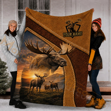 Maxcorners Hunting Moose Family Brown Sunset Custom Name 3D Blanket