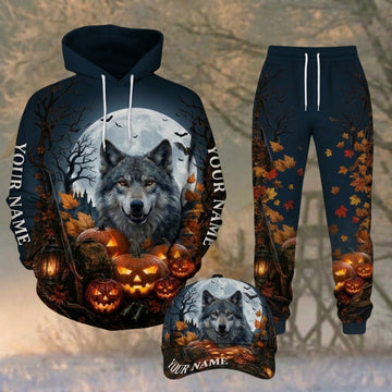 Maxcorners Hunting Halloween Spooky Night Wolf Personalized 3D Combo Hoodie, Sweatpants Set & Cap