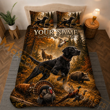 Maxcorners Hunting Dog Deer Turkey Duck Autumn Forest Orange Brown Bedding Set 3D Printed Custom Name