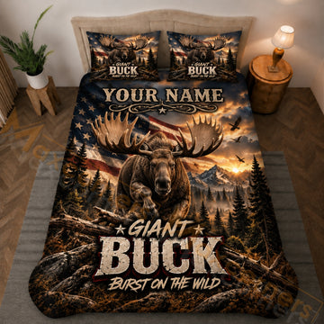 Maxcorners Hunting Giant Moose American Flag Sunset Forest Dark Brown Bedding Set 3D Printed Custom Name