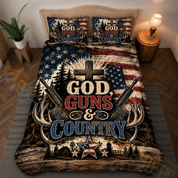Maxcorners Hunting God Guns Country American Flag Rustic Red Blue Bedding Set 3D Printed Custom Name