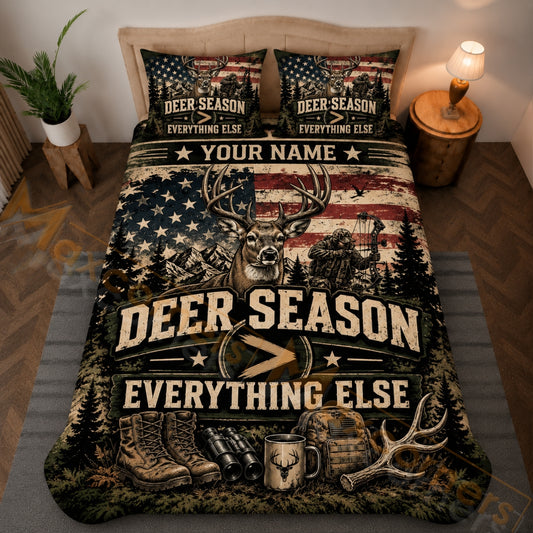 Maxcorners Hunting Deer Season Archer American Flag Vintage Green Brown Bedding Set 3D Printed Custom Name