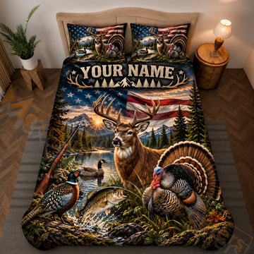 Maxcorners Hunting Wildlife Deer Turkey Duck Bass American Flag Rustic Brown Bedding Set 3D Printed Custom Name