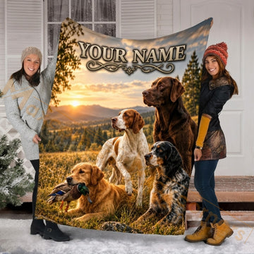 Maxcorners Hunting Four Dogs Golden Retriever Pointer Setter Sunset Custom Name 3D Blanket