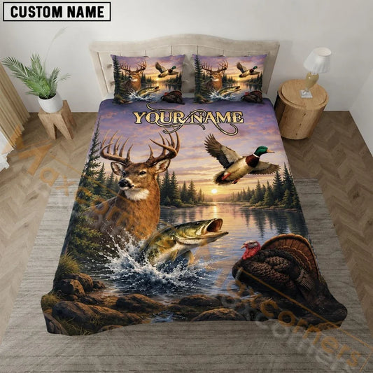 Maxcorners Hunting WildLife Lake Dawn Sky Custom Name 3D Bedding Set