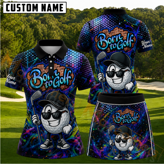 Maxcorners Colorful Graffiti Born To Golf Personalized Name 3D Golf Shirt and Skirt
