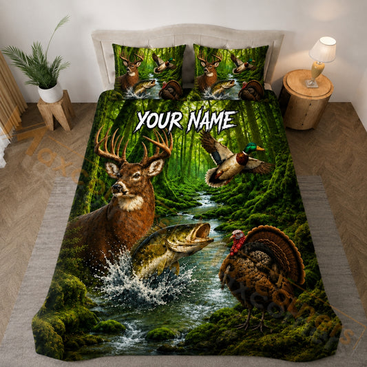 Maxcorners Wildlife Hunting Green Forest Bedding Set 3D Print Custom Name