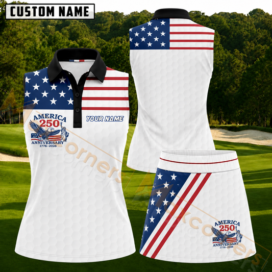 Maxcorners Stars and Stripes Personalized Name 3D Golf Shirt and Golf Skirt