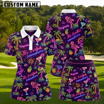 Maxcorners Purple Neon Flamingo Margarita Tropical Pattern 3D Golf Shirt and Skirt