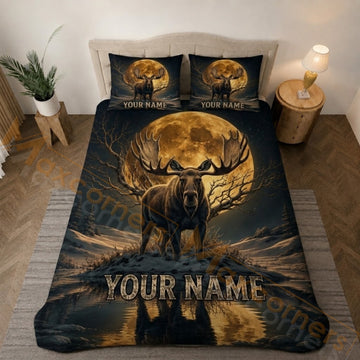 Maxcorners Golden Moon Moose Winter Forest Bedding Set 3D Print Custom Name