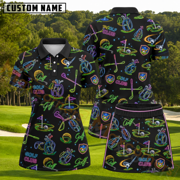Maxcorners Black Multicolor Neon Golf Club Pattern 3D Golf Shirt and Skirt