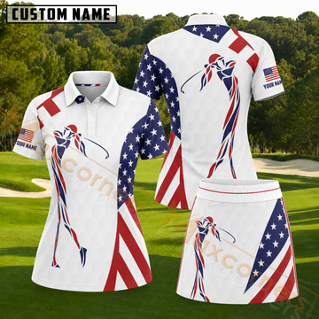 Maxcorners Red White and Blue American Flag Female Golfer Personalized Name 3D Golf Shirt and Skirt