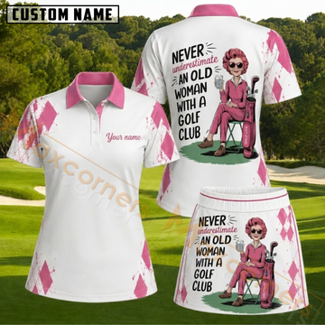 Maxcorners Pink Argyle Old Woman Golfer Personalized Name 3D Golf Shirt and Skirt