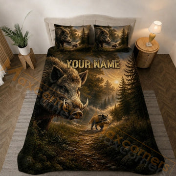 Maxcorners Boar Forest Sunset Bedding Set 3D Print Custom Name